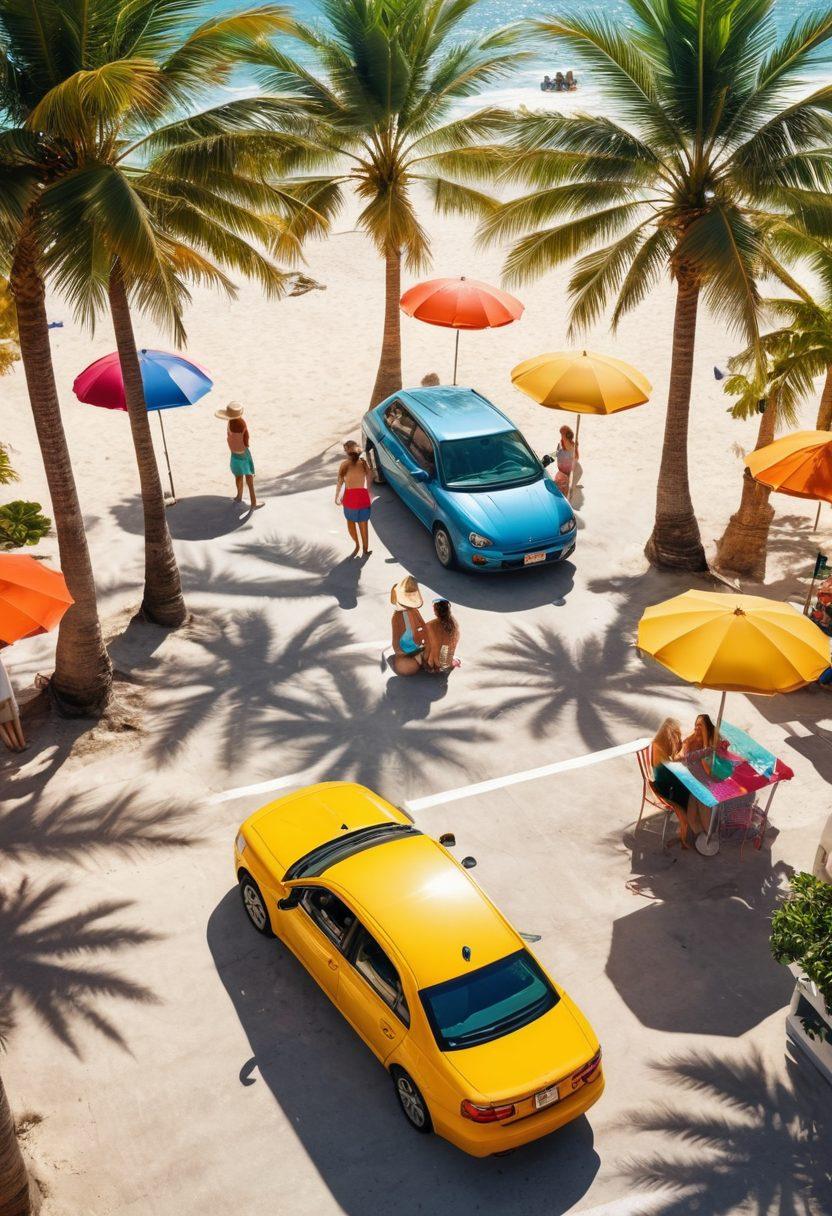 A lively parking scene under a bright sun, showcasing a diverse group of people expertly negotiating tight parking spaces. Include a shimmering car that stands out in vibrant colors, surrounded by palm trees and sun hats. In the background, add hints of a beach and sun umbrellas to evoke a summer vibe. Capture the joyful atmosphere with smiling faces and playful activities. bright colors. super-realistic. beach theme.
