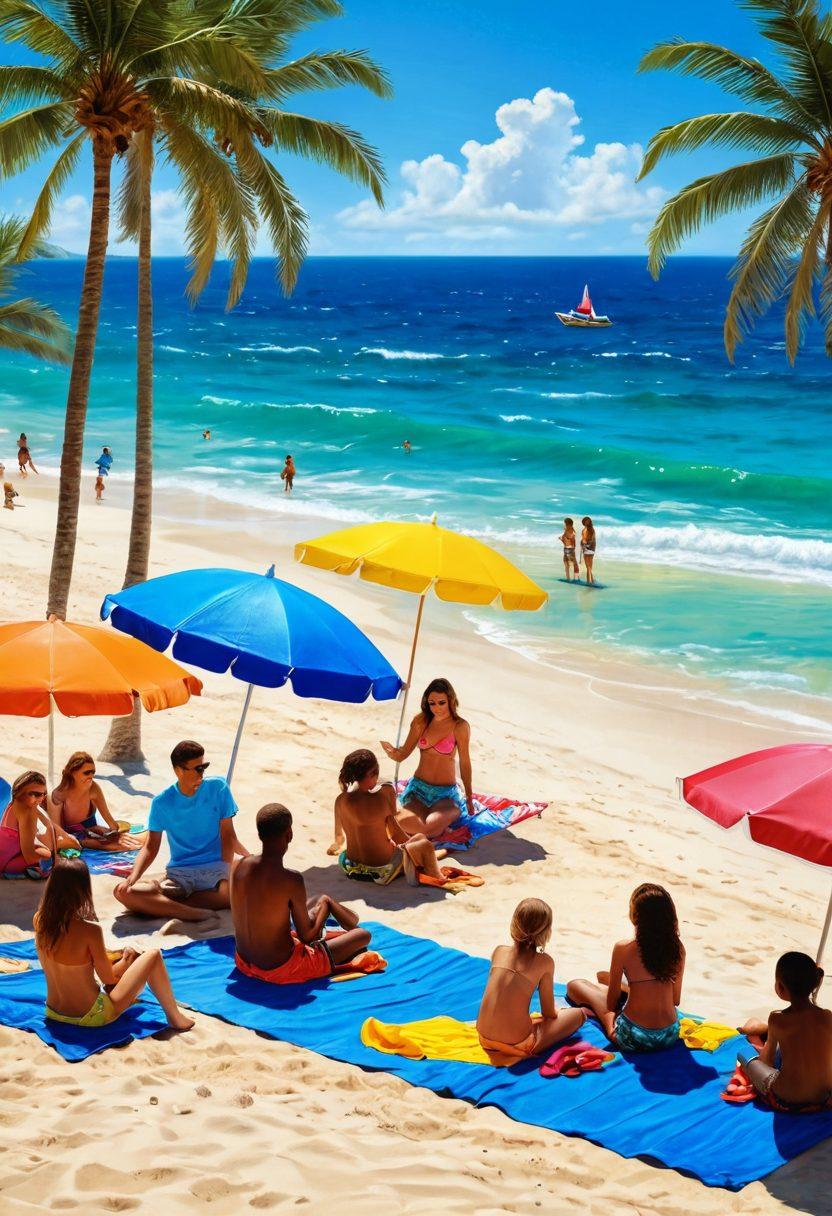 A vibrant beach scene showcasing people in stylish beachwear playing various parking games near colorful umbrellas and beach towels. In the background, a sparkling blue ocean and palm trees provide a tropical vibe, while children build sandcastles nearby. Bright sunlight enhances the summer atmosphere, and the entire scene radiates joy and playfulness. super-realistic. vibrant colors. summer theme.